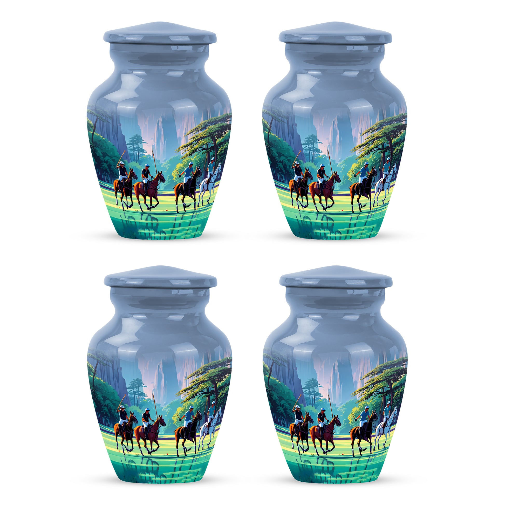 Slate Blue Horse Polo Cremation Urn side profile showing urn shape - classic sculpted horse polo pattern on smooth aluminum - 10 inch aluminum urn for cremated remains