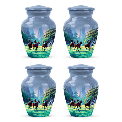 Slate Blue Horse Polo Cremation Urn side profile showing urn shape - classic sculpted horse polo pattern on smooth aluminum - 10 inch aluminum urn for cremated remains