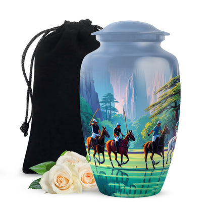 Twilight Blue Horse Polo Cremation Urn angled view of lid and engraved motif - traditional horse polo engraving with hand-polished finish - full-size 10 inch 200 cubic inch adult cremation urn