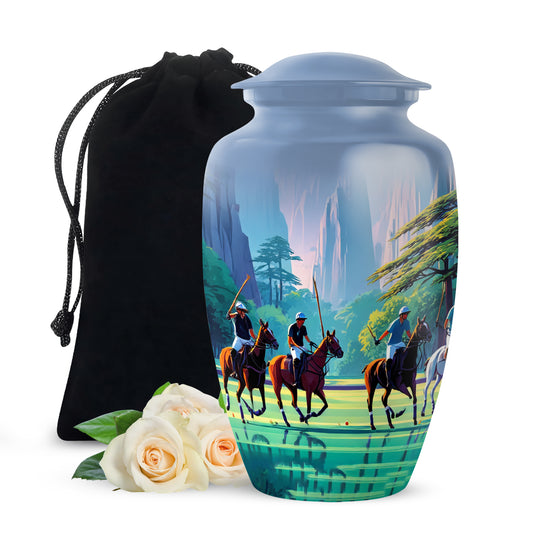 Twilight Blue Horse Polo Cremation Urn angled view of lid and engraved motif - traditional horse polo engraving with hand-polished finish - full-size 10 inch 200 cubic inch adult cremation urn