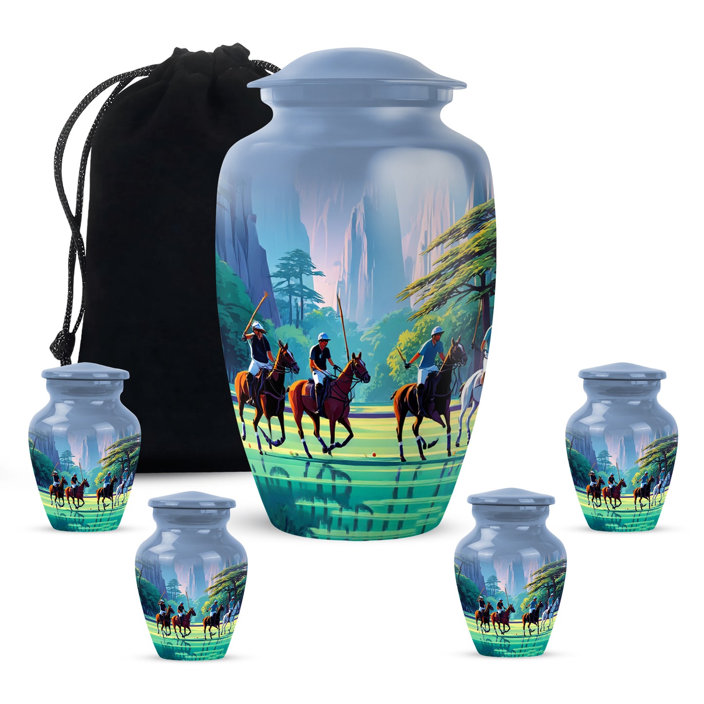 Celestial Blue Horse Polo Cremation Urn top-down view of secure threaded lid - classic sculpted horse polo pattern on smooth aluminum - memorial set with one large and four small urns