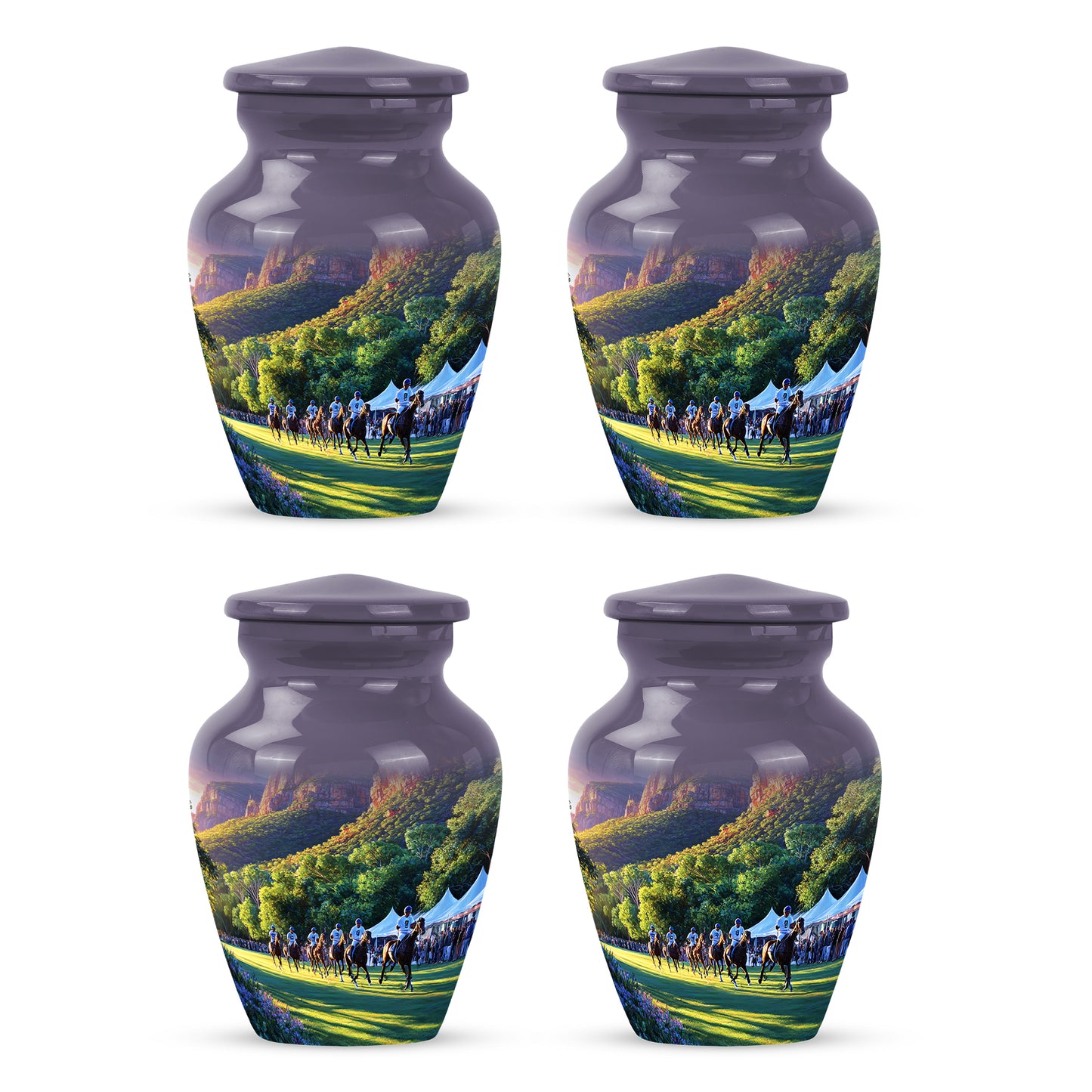 Plum Purple Horse Polo Cremation Urn side profile showing urn shape - classic sculpted horse polo pattern on smooth aluminum - 10 inch aluminum urn for cremated remains
