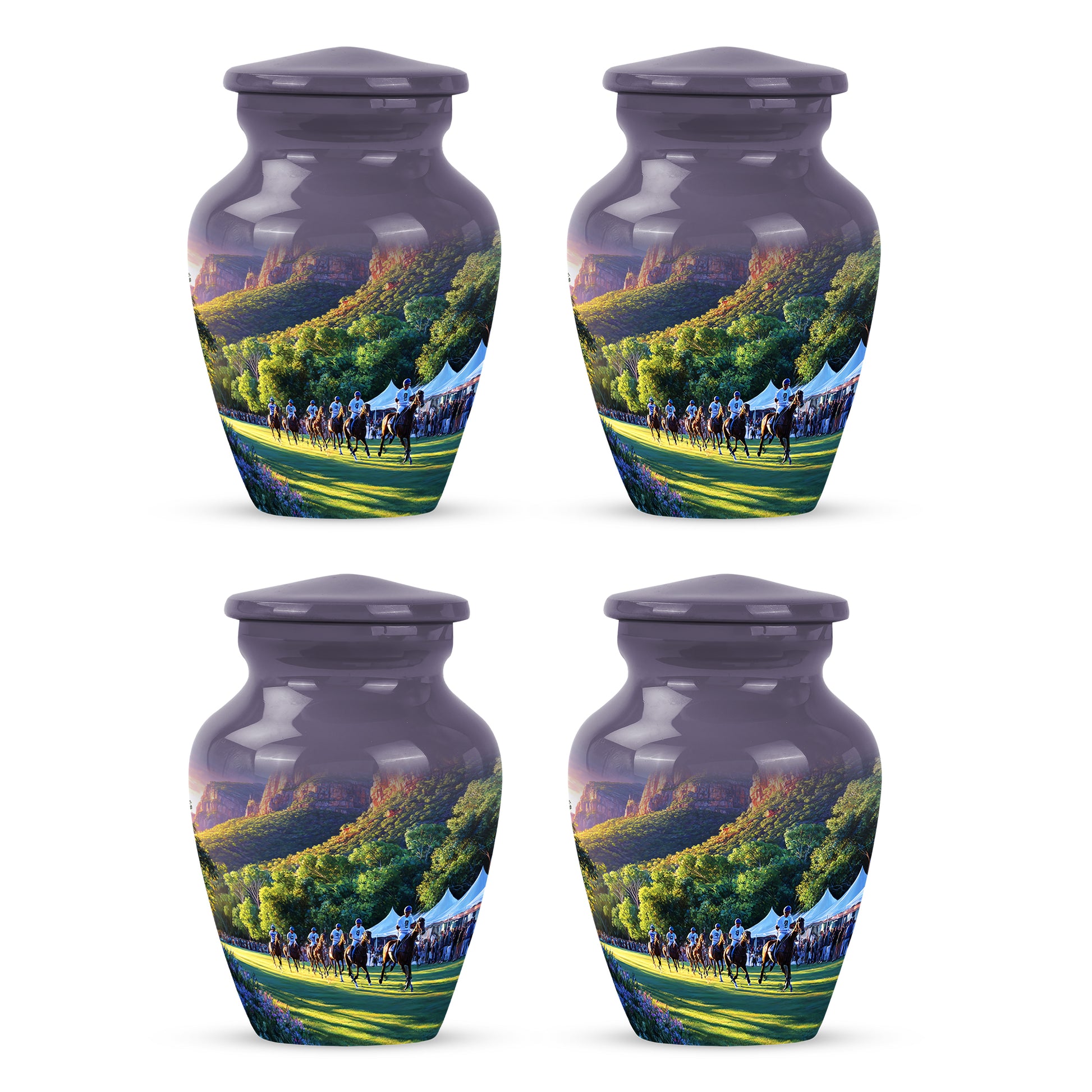 Plum Purple Horse Polo Cremation Urn side profile showing urn shape - classic sculpted horse polo pattern on smooth aluminum - 10 inch aluminum urn for cremated remains