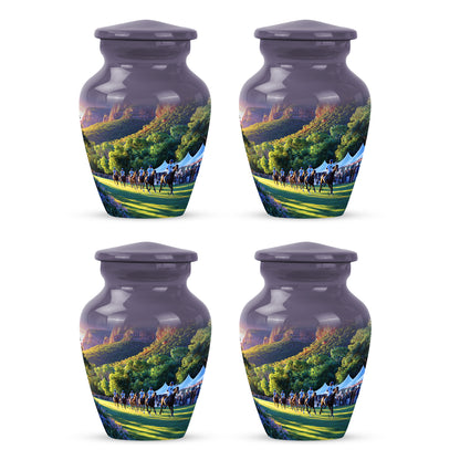 Plum Purple Horse Polo Cremation Urn side profile showing urn shape - classic sculpted horse polo pattern on smooth aluminum - 10 inch aluminum urn for cremated remains