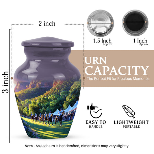 Deep Purple Horse Polo Cremation Urn close-up of engraving and surface detail - classic sculpted horse polo pattern on smooth aluminum - mini keepsake memorial for portion of cremation ashes