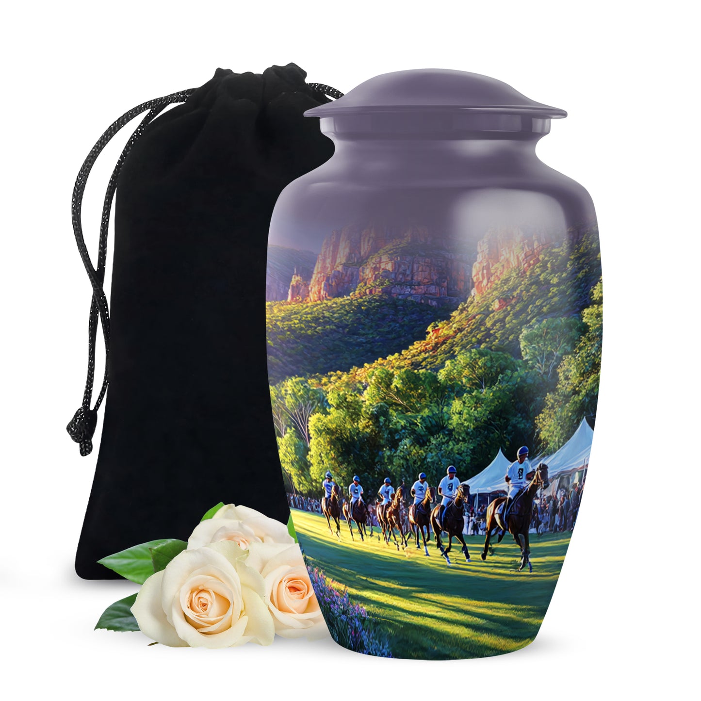 Lavender Purple Horse Polo Cremation Urn angled view of lid and engraved motif - elegant classic horse polo relief with fine detailing - full-size 10 inch 200 cubic inch adult cremation urn