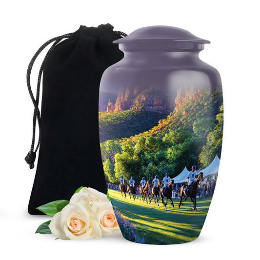 Lavender Purple Horse Polo Cremation Urn angled view of lid and engraved motif - elegant classic horse polo relief with fine detailing - full-size 10 inch 200 cubic inch adult cremation urn