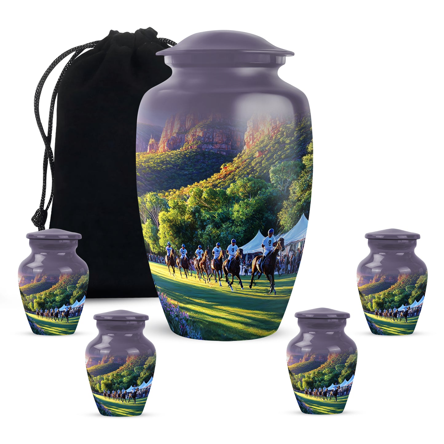 Twilight Purple Horse Polo Cremation Urn top-down view of secure threaded lid - elegant classic horse polo relief with fine detailing - memorial set with one large and four small urns