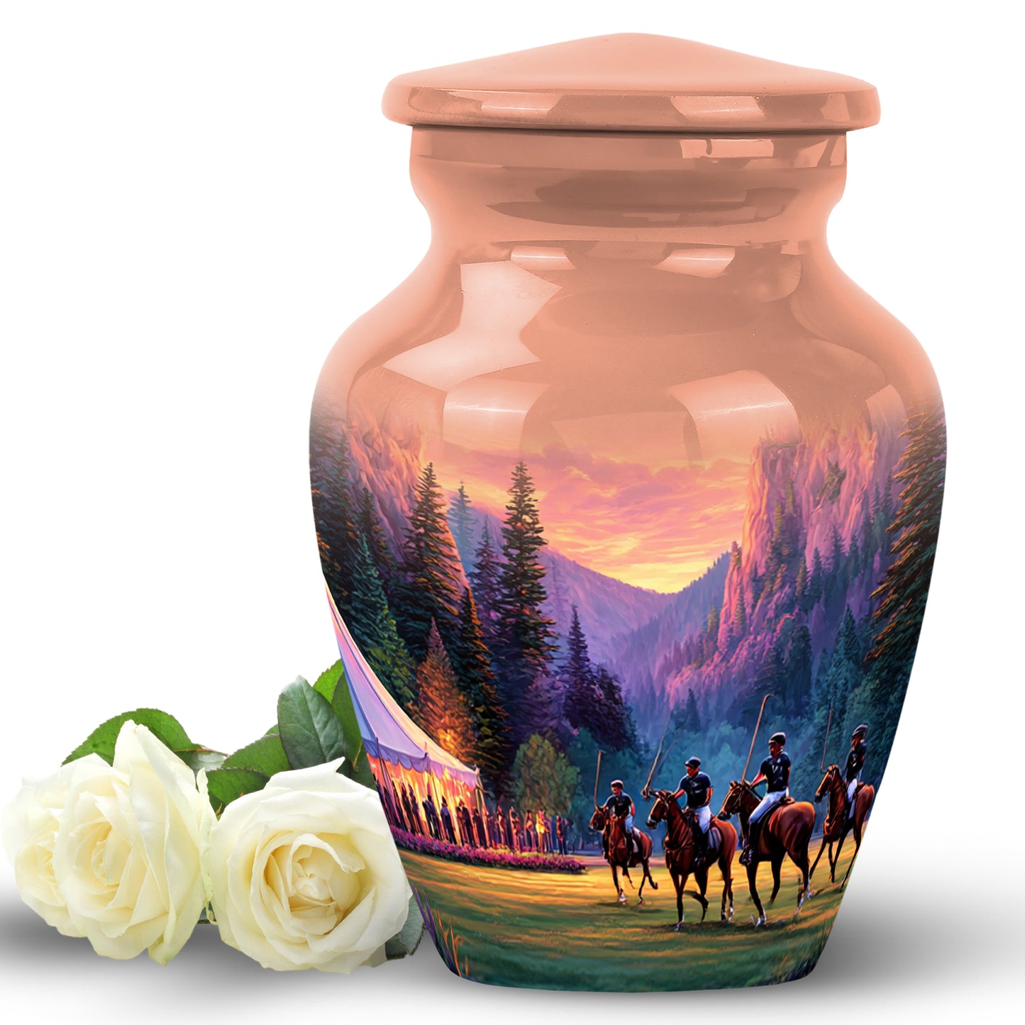 Graceful Gold Horse Polo Sentinel Urn for Human Ashes - 10-inch, 200 cu in - Yatskia