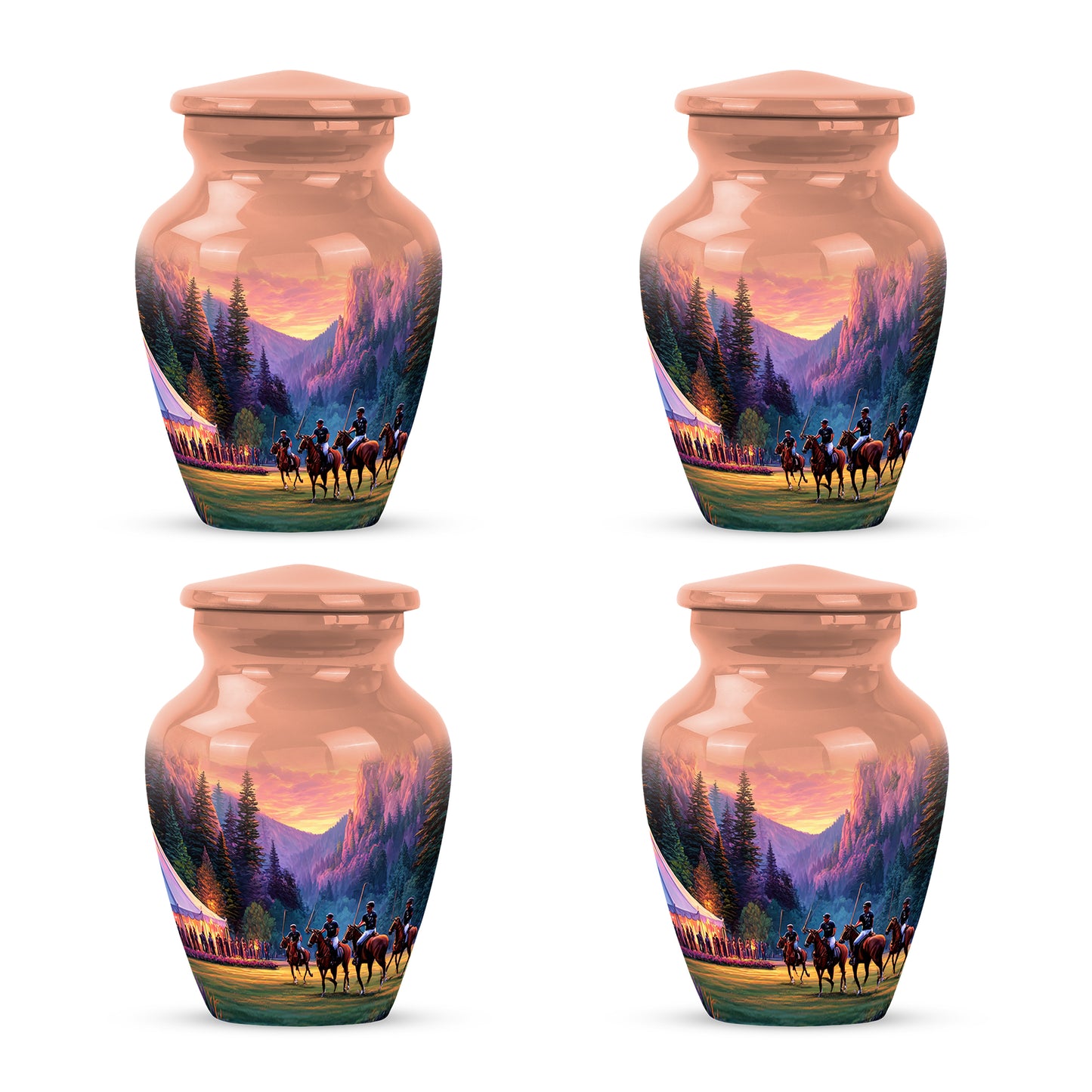 Burnished Gold Horse Polo Cremation Urn side profile showing urn shape - elegant classic horse polo relief with fine detailing - 10 inch aluminum urn for cremated remains