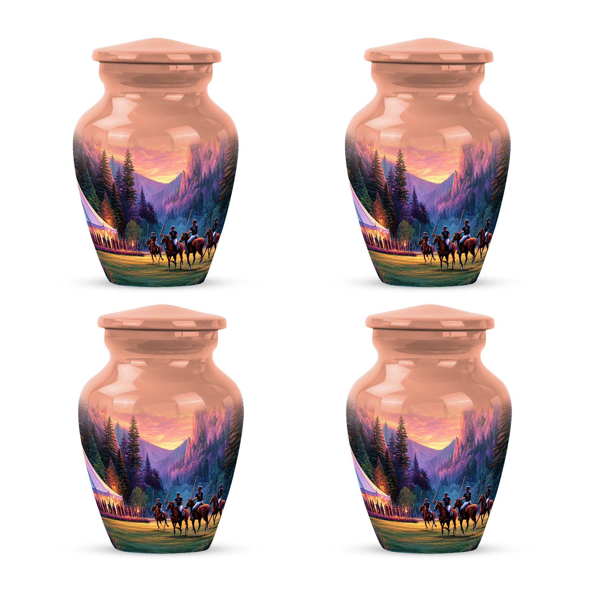 Burnished Gold Horse Polo Cremation Urn side profile showing urn shape - elegant classic horse polo relief with fine detailing - 10 inch aluminum urn for cremated remains