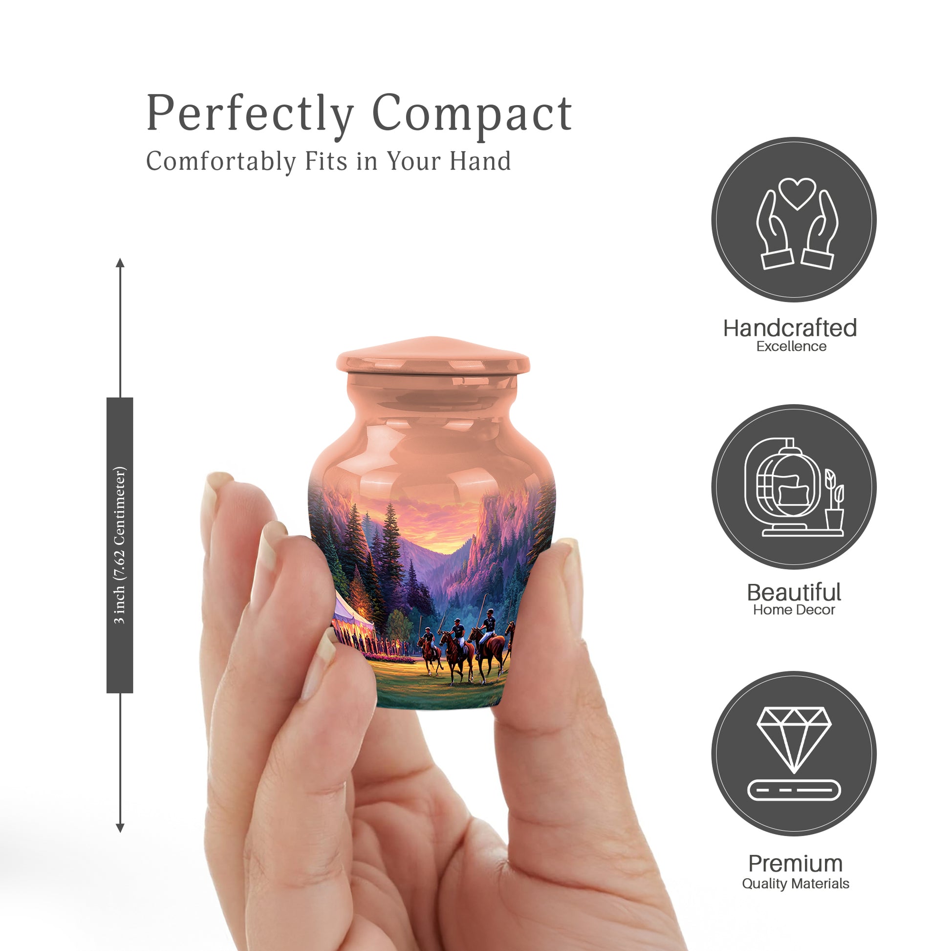 Burnished Gold Horse Polo Cremation Urn close-up of engraving and surface detail - elegant classic horse polo relief with fine detailing - mini keepsake memorial for portion of cremation ashes