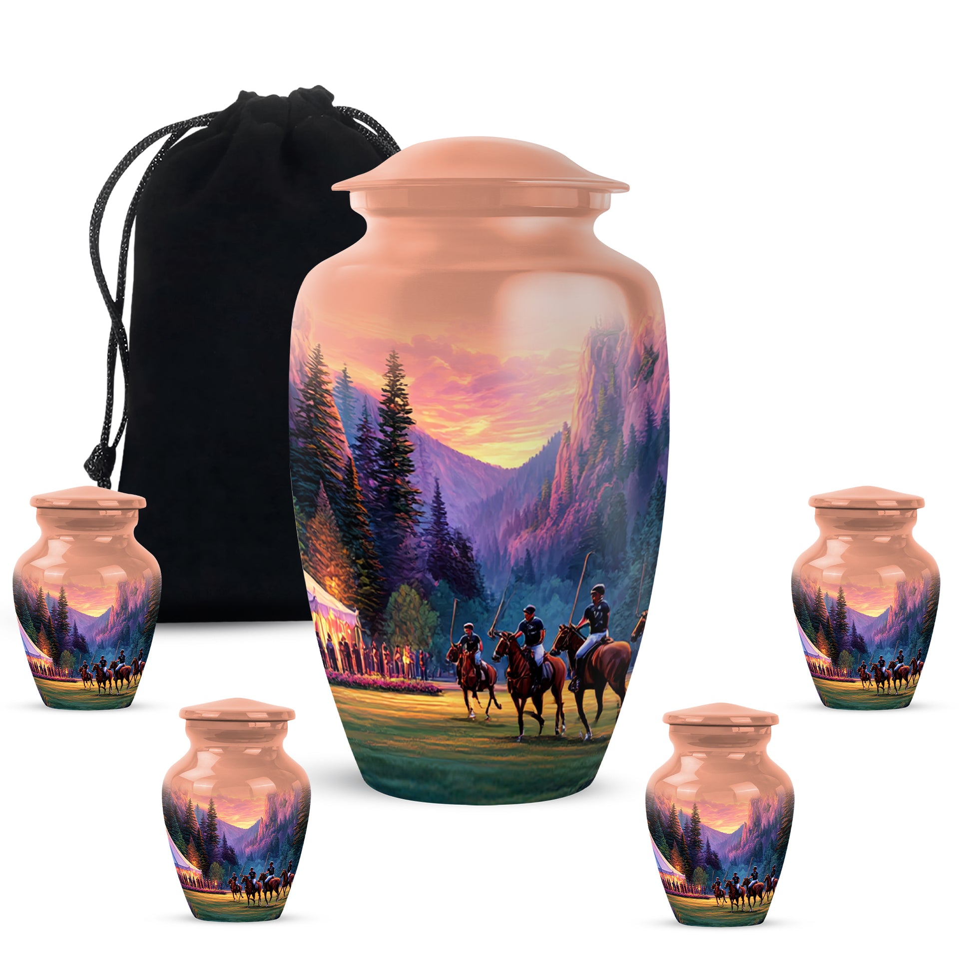 Sunrise Gold Horse Polo Cremation Urn top-down view of secure threaded lid - classic sculpted horse polo pattern on smooth aluminum - memorial set with one large and four small urns