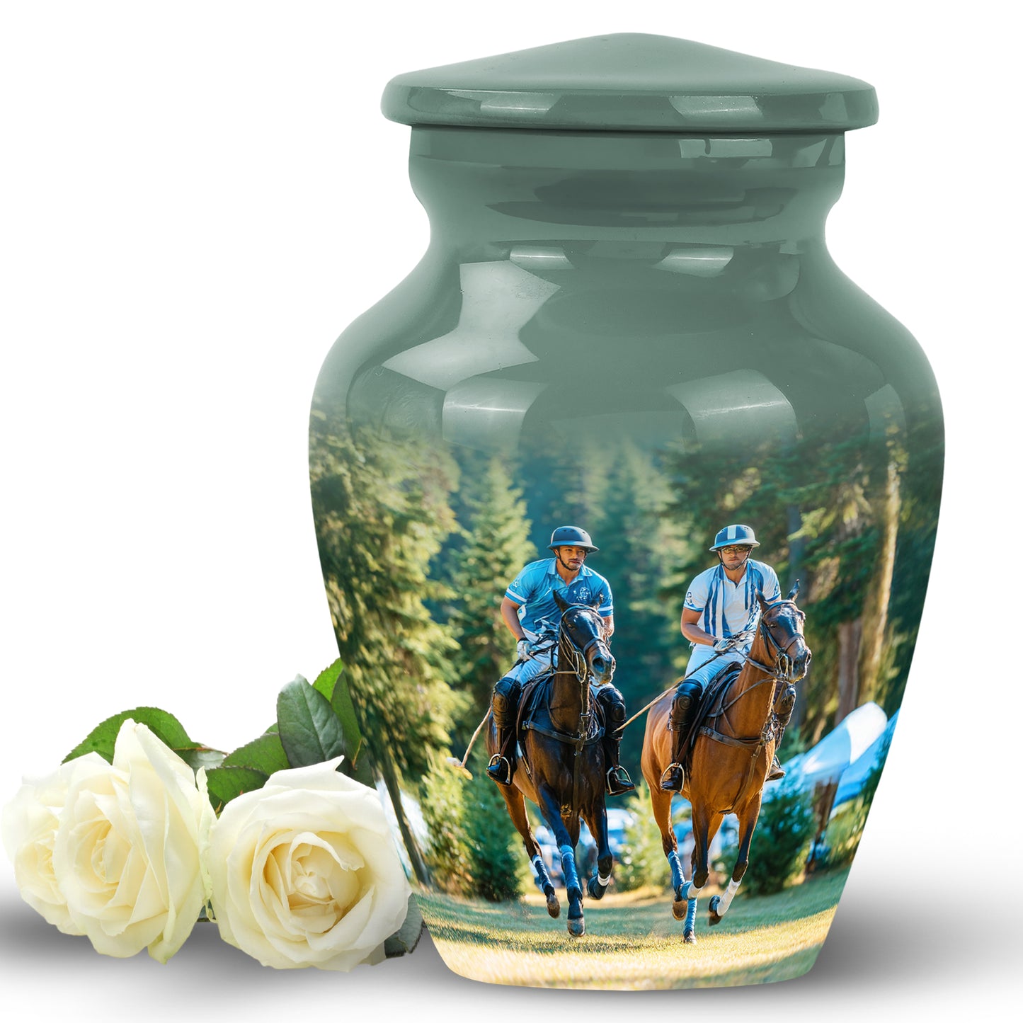 Green Exquisite Horse Polo Memorial Urn for Ashes - 10-inch, 200 cu in - Yatskia