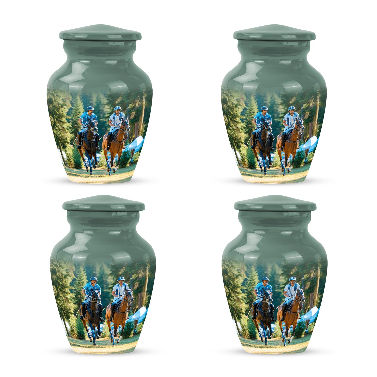 Mint Green Horse Polo Cremation Urn side profile showing urn shape - elegant classic horse polo relief with fine detailing - 10 inch aluminum urn for cremated remains