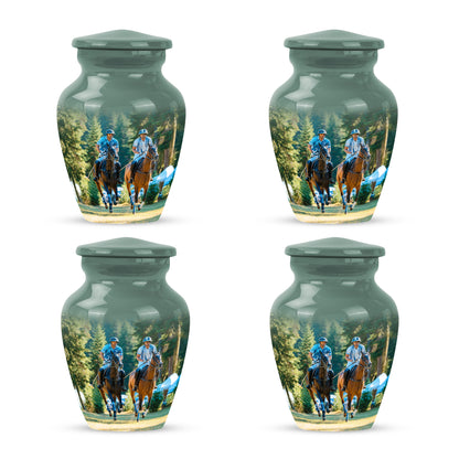 Mint Green Horse Polo Cremation Urn side profile showing urn shape - elegant classic horse polo relief with fine detailing - 10 inch aluminum urn for cremated remains