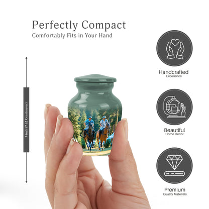 Moss Green Horse Polo Cremation Urn close-up of engraving and surface detail - classic sculpted horse polo pattern on smooth aluminum - mini keepsake memorial for portion of cremation ashes