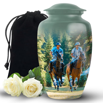 Verdant Green Horse Polo Cremation Urn angled view of lid and engraved motif - classic sculpted horse polo pattern on smooth aluminum - full-size 10 inch 200 cubic inch adult cremation urn