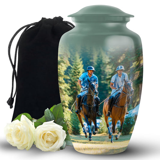 Verdant Green Horse Polo Cremation Urn angled view of lid and engraved motif - classic sculpted horse polo pattern on smooth aluminum - full-size 10 inch 200 cubic inch adult cremation urn