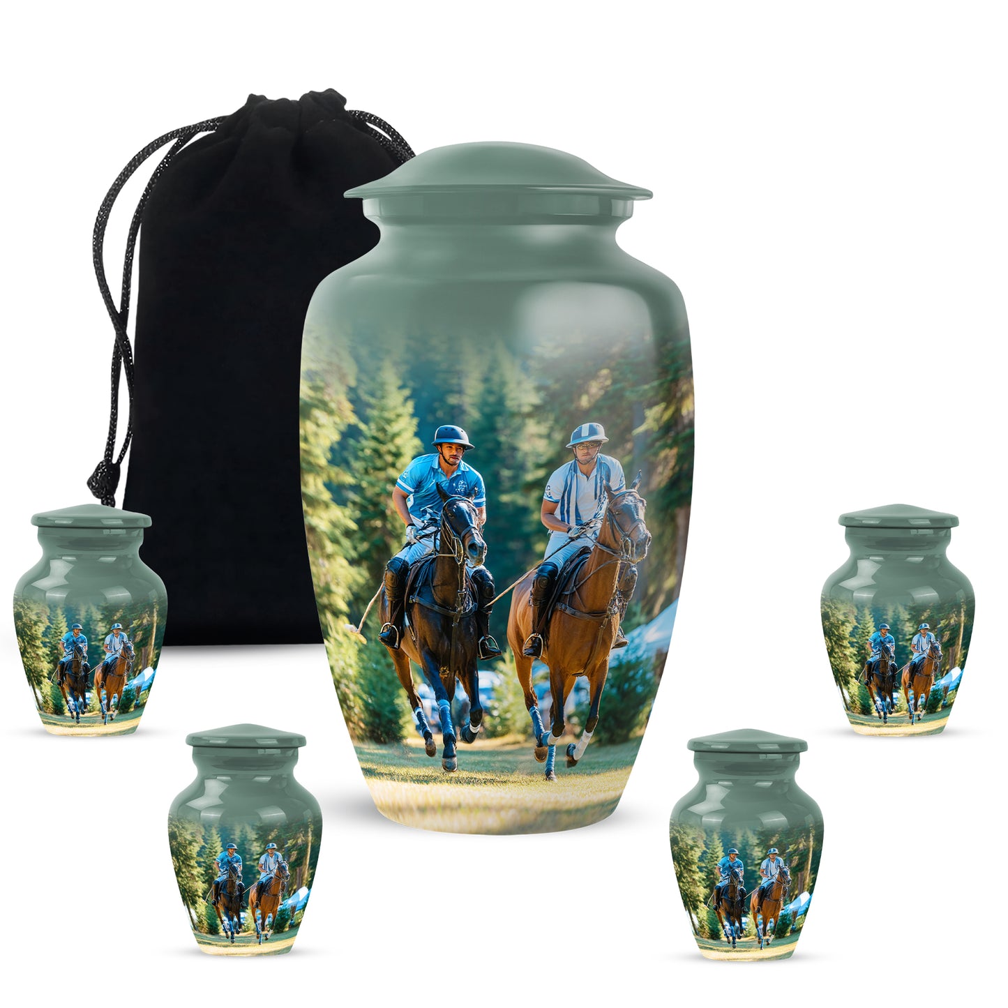 Verdant Green Horse Polo Cremation Urn top-down view of secure threaded lid - timeless horse polo motif etched into premium metal - memorial set with one large and four small urns