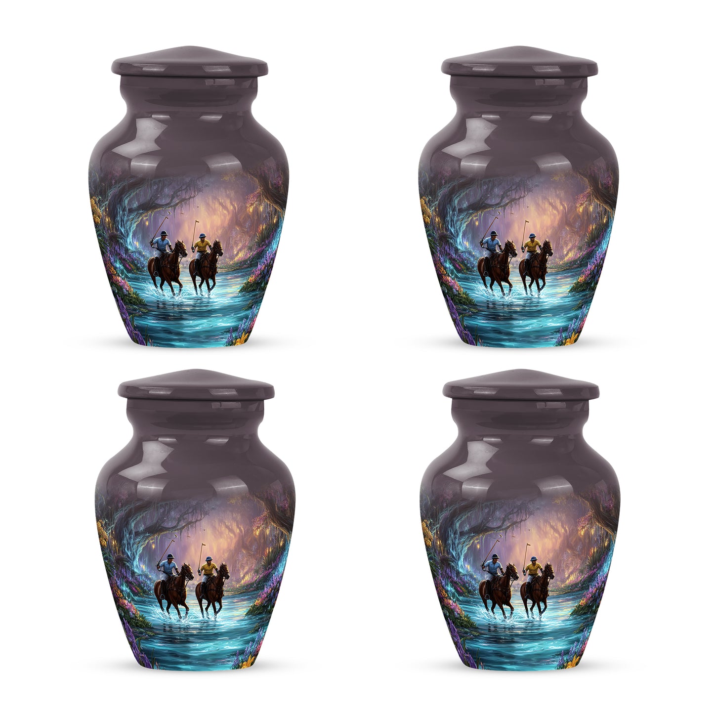 Midnight Black Horse Polo Cremation Urn side profile showing urn shape - elegant classic horse polo relief with fine detailing - 10 inch aluminum urn for cremated remains