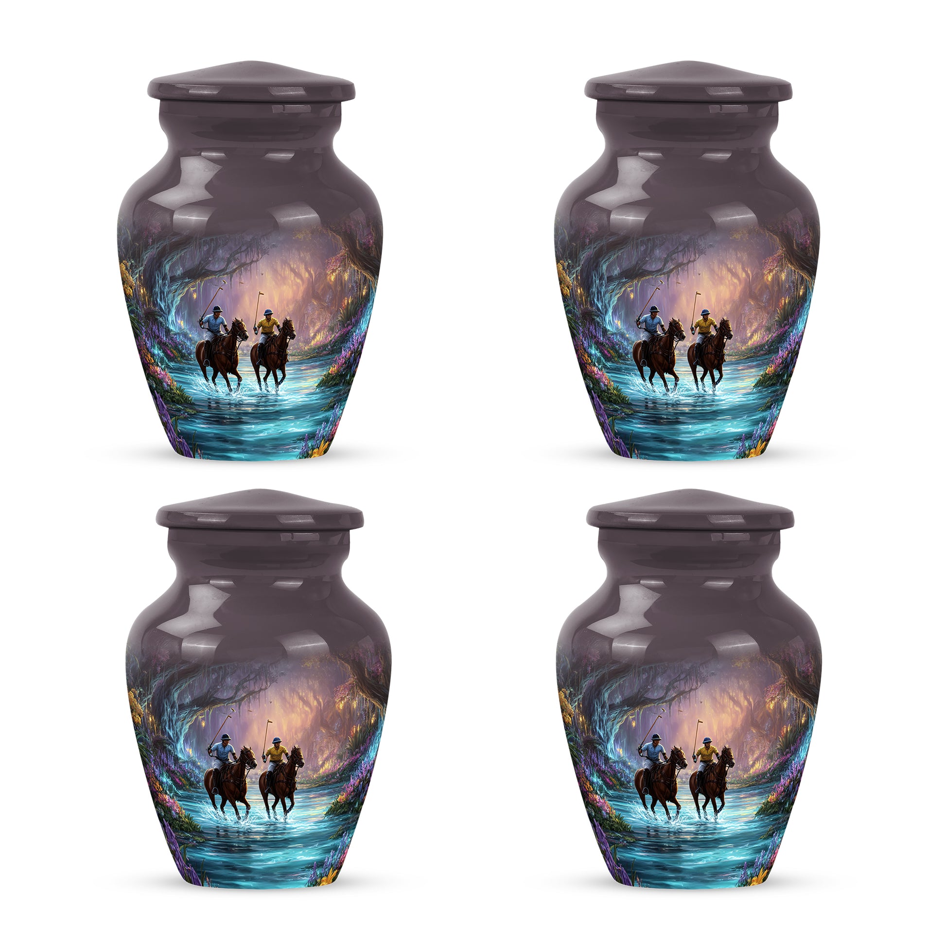 Midnight Black Horse Polo Cremation Urn side profile showing urn shape - elegant classic horse polo relief with fine detailing - 10 inch aluminum urn for cremated remains