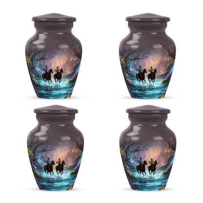 Midnight Black Horse Polo Cremation Urn side profile showing urn shape - elegant classic horse polo relief with fine detailing - 10 inch aluminum urn for cremated remains