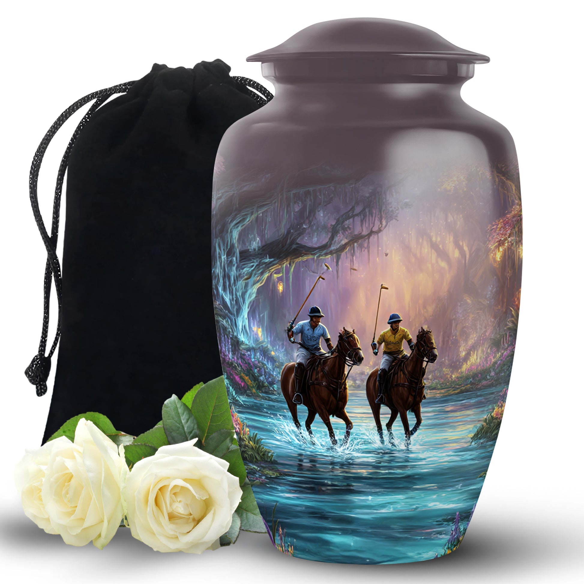 Midnight Black Horse Polo Cremation Urn angled view of lid and engraved motif - traditional horse polo engraving with hand-polished finish - full-size 10 inch 200 cubic inch adult cremation urn