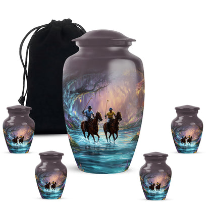 Glossy Black Horse Polo Cremation Urn top-down view of secure threaded lid - classic sculpted horse polo pattern on smooth aluminum - memorial set with one large and four small urns