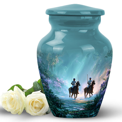 Teal Serene Horse Polo Memorial Urn for Ashes - 10-inch, 200 cu in - Yatskia