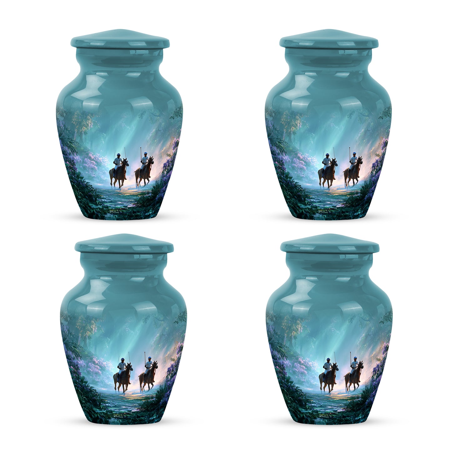 Tropical Teal Horse Polo Cremation Urn side profile showing urn shape - traditional horse polo engraving with hand-polished finish - 10 inch aluminum urn for cremated remains