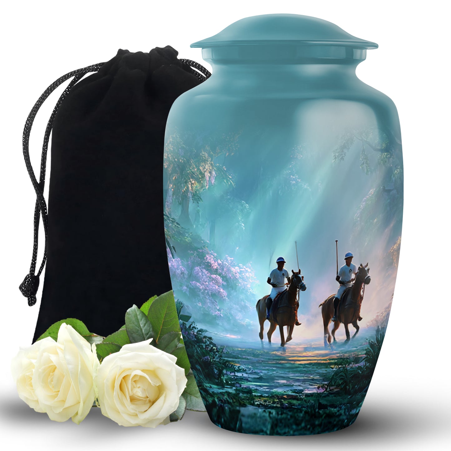 Tropical Teal Horse Polo Cremation Urn angled view of lid and engraved motif - traditional horse polo engraving with hand-polished finish - full-size 10 inch 200 cubic inch adult cremation urn