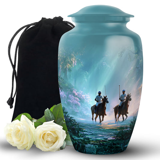 Tropical Teal Horse Polo Cremation Urn angled view of lid and engraved motif - traditional horse polo engraving with hand-polished finish - full-size 10 inch 200 cubic inch adult cremation urn