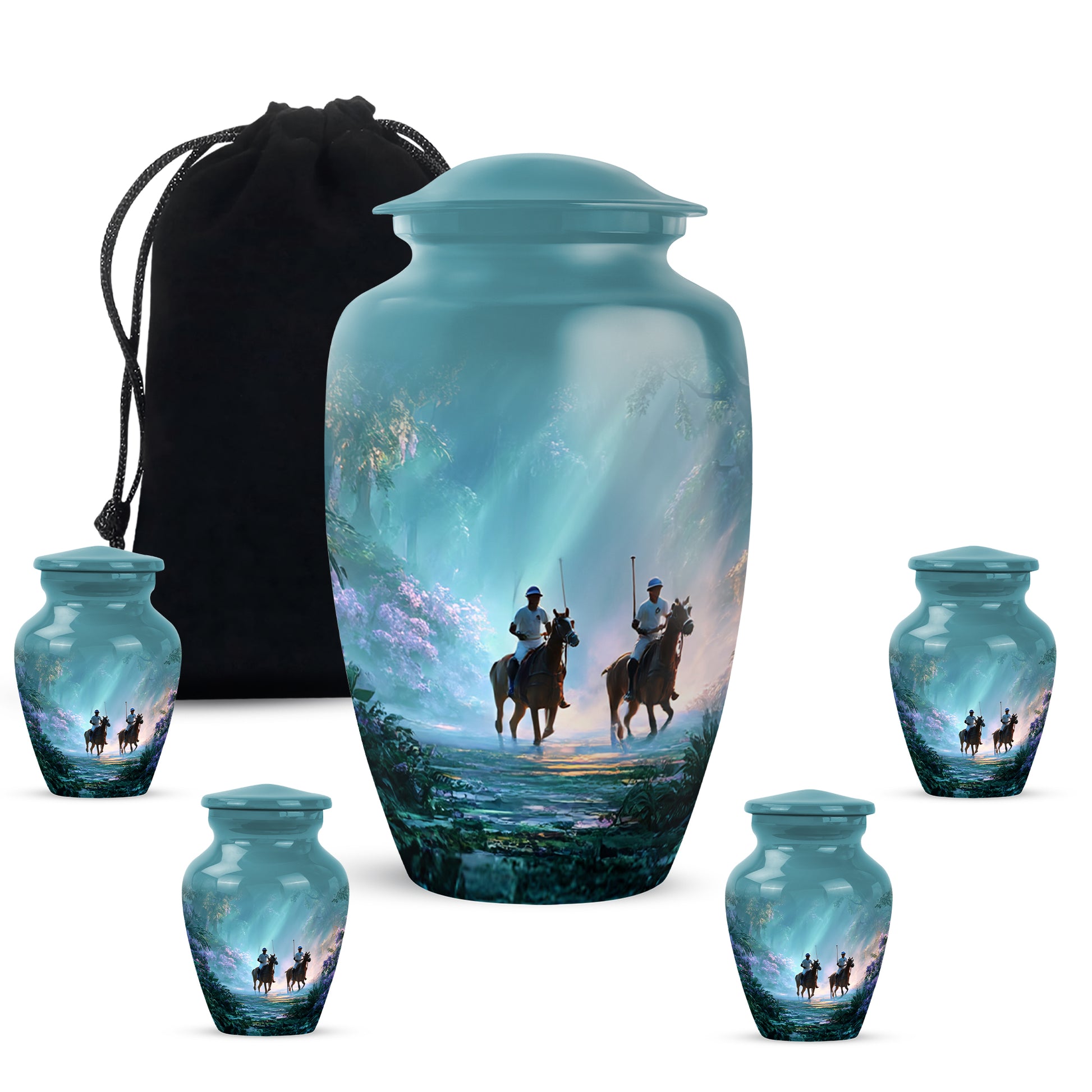 Soft Teal Horse Polo Cremation Urn top-down view of secure threaded lid - timeless horse polo motif etched into premium metal - memorial set with one large and four small urns