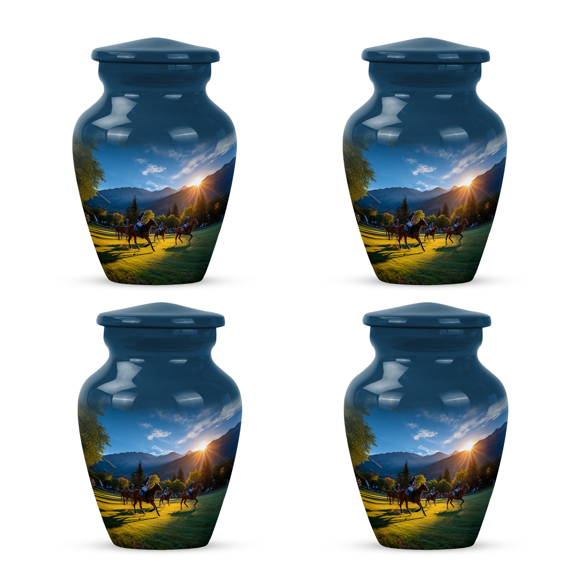 Calming Blue Horse Polo Cremation Urn side profile showing urn shape - traditional horse polo engraving with hand-polished finish - 10 inch aluminum urn for cremated remains
