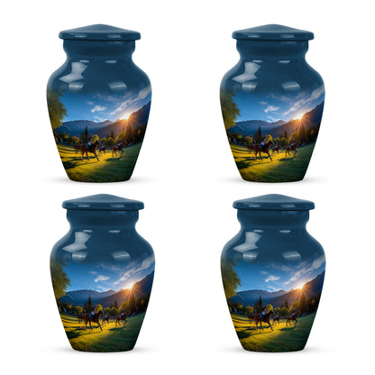 Calming Blue Horse Polo Cremation Urn side profile showing urn shape - traditional horse polo engraving with hand-polished finish - 10 inch aluminum urn for cremated remains