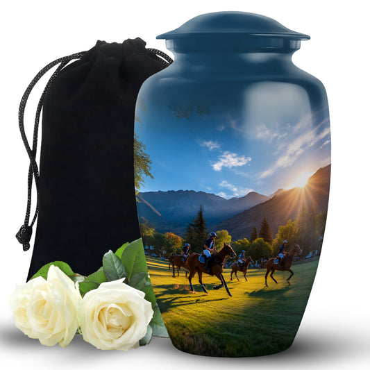 Cornflower Blue Horse Polo Cremation Urn angled view of lid and engraved motif - elegant classic horse polo relief with fine detailing - full-size 10 inch 200 cubic inch adult cremation urn