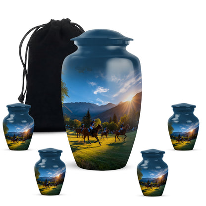Pastel Blue Horse Polo Cremation Urn top-down view of secure threaded lid - timeless horse polo motif etched into premium metal - memorial set with one large and four small urns