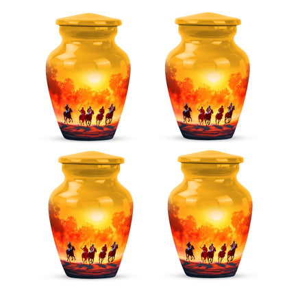 Sunrise Gold Horse Polo Cremation Urn side profile showing urn shape - classic sculpted horse polo pattern on smooth aluminum - 10 inch aluminum urn for cremated remains