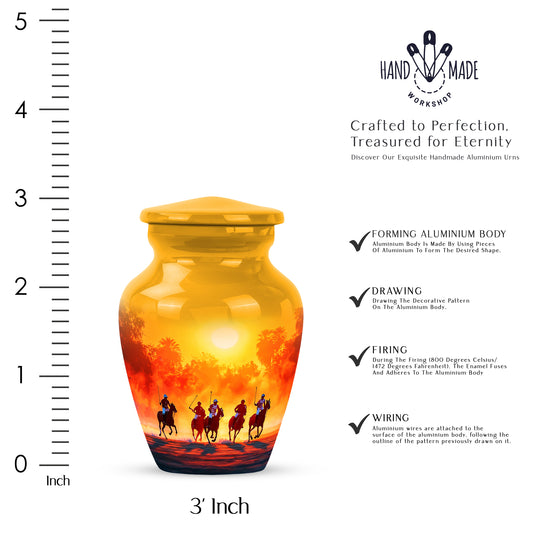 Gilded Gold Horse Polo Cremation Urn close-up of engraving and surface detail - timeless horse polo motif etched into premium metal - mini keepsake memorial for portion of cremation ashes