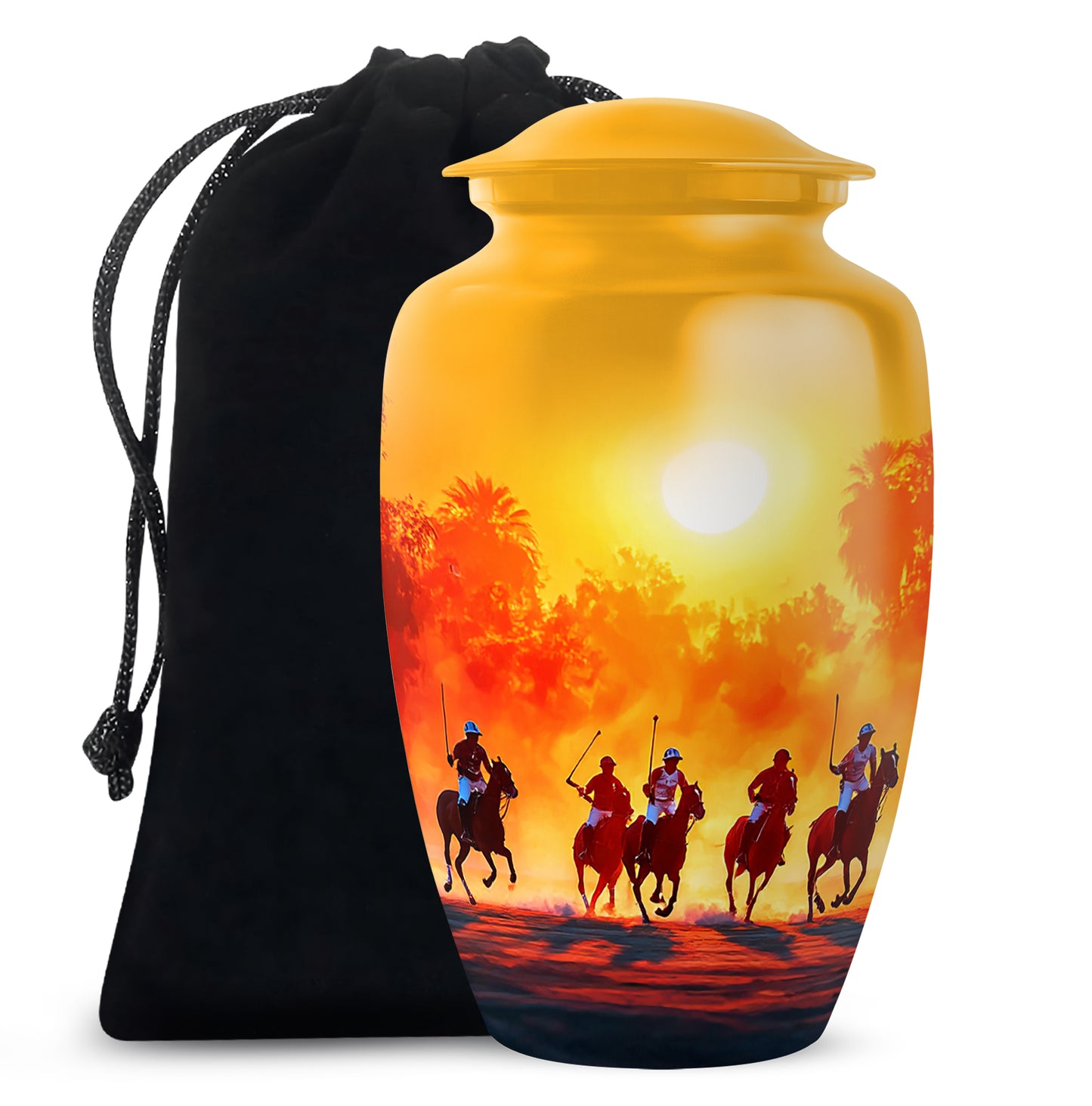 Gilded Gold Horse Polo Cremation Urn angled view of lid and engraved motif - timeless horse polo motif etched into premium metal - full-size 10 inch 200 cubic inch adult cremation urn