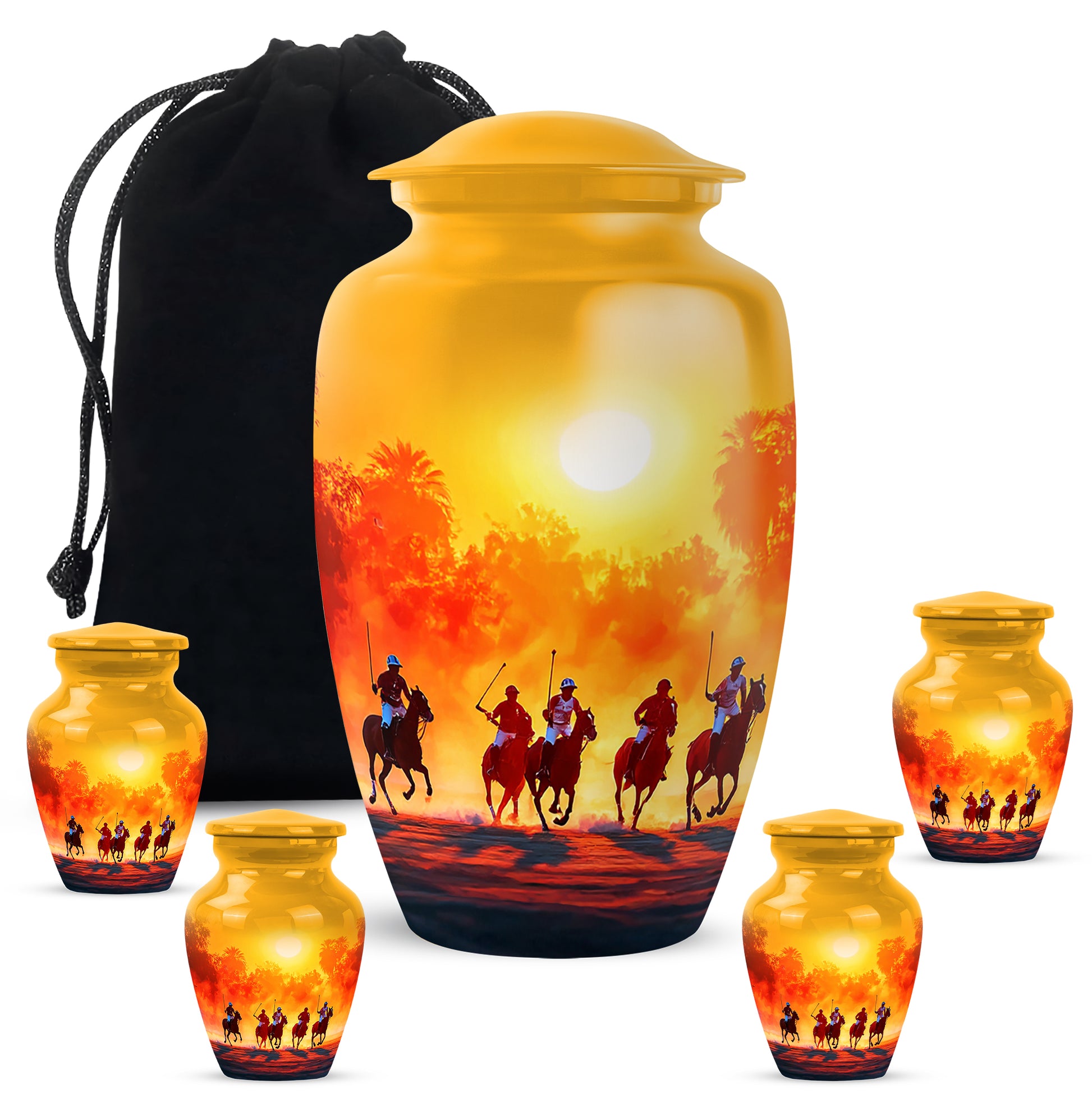 Sunrise Gold Horse Polo Cremation Urn top-down view of secure threaded lid - classic sculpted horse polo pattern on smooth aluminum - memorial set with one large and four small urns