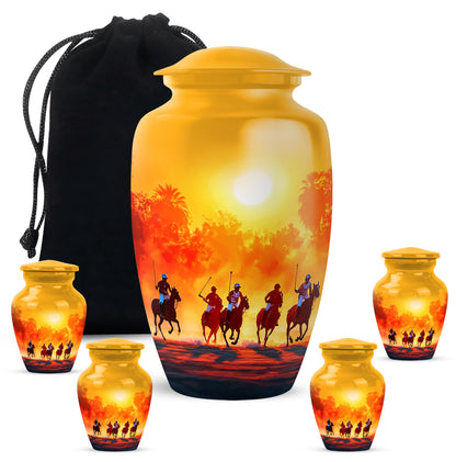 Sunrise Gold Horse Polo Cremation Urn top-down view of secure threaded lid - classic sculpted horse polo pattern on smooth aluminum - memorial set with one large and four small urns