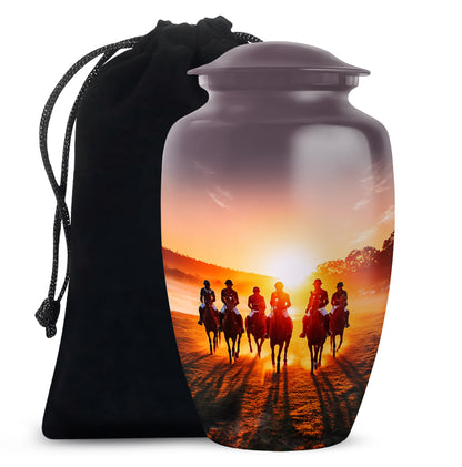 Midnight Black Horse Polo Cremation Urn angled view of lid and engraved motif - elegant classic horse polo relief with fine detailing - full-size 10 inch 200 cubic inch adult cremation urn