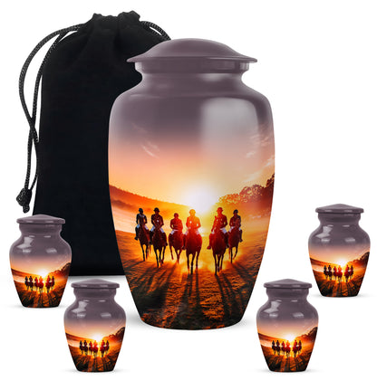 Dark Black Horse Polo Cremation Urn top-down view of secure threaded lid - traditional horse polo engraving with hand-polished finish - memorial set with one large and four small urns