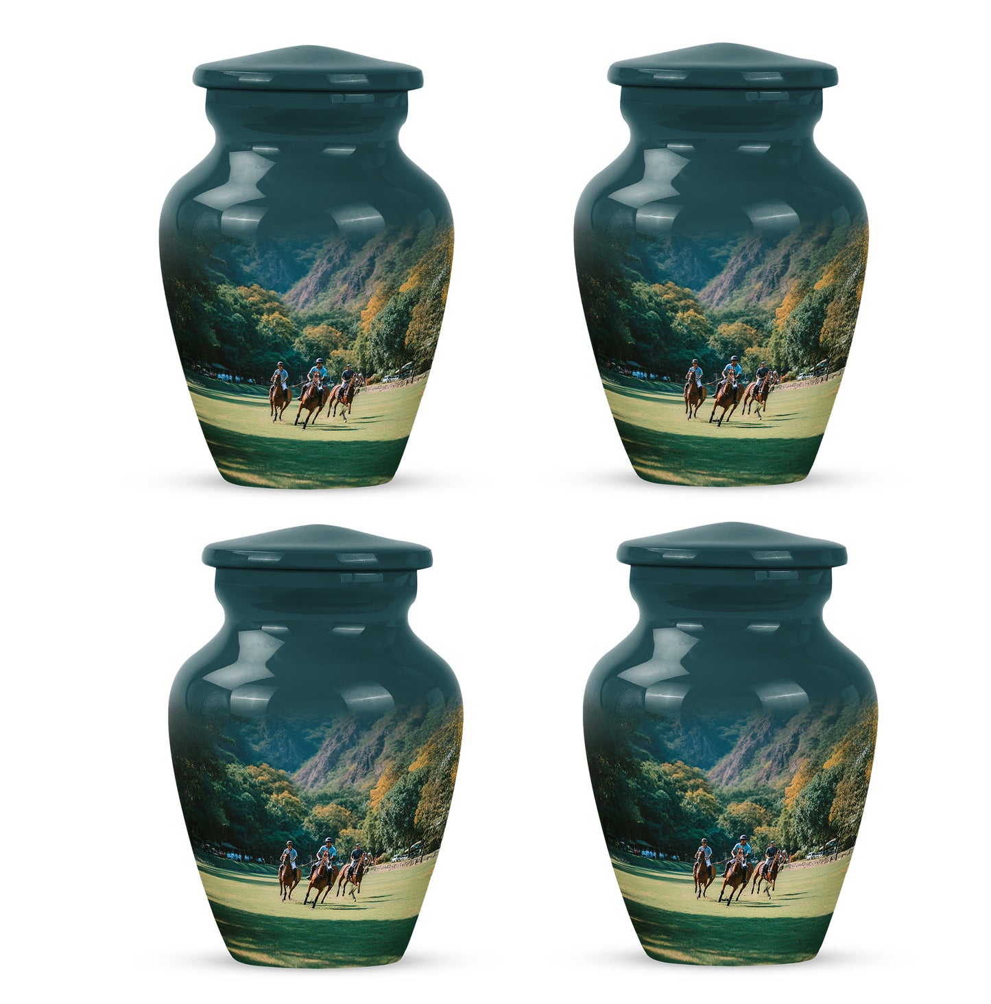 Tropical Teal Horse Polo Cremation Urn side profile showing urn shape - elegant classic horse polo relief with fine detailing - 10 inch aluminum urn for cremated remains