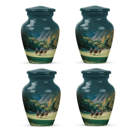 Tropical Teal Horse Polo Cremation Urn side profile showing urn shape - elegant classic horse polo relief with fine detailing - 10 inch aluminum urn for cremated remains