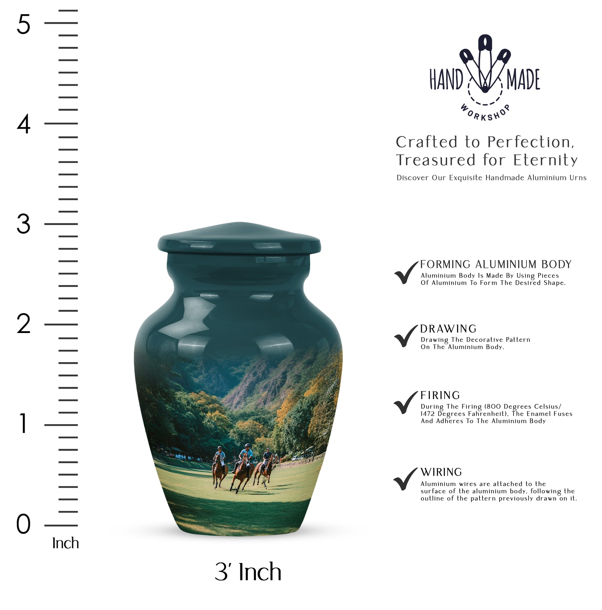 Aqua Teal Horse Polo Cremation Urn close-up of engraving and surface detail - elegant classic horse polo relief with fine detailing - mini keepsake memorial for portion of cremation ashes