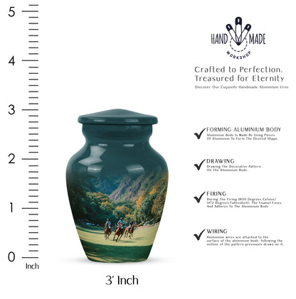 Aqua Teal Horse Polo Cremation Urn close-up of engraving and surface detail - elegant classic horse polo relief with fine detailing - mini keepsake memorial for portion of cremation ashes