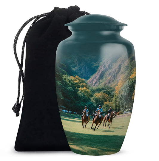 Vivid Teal Horse Polo Cremation Urn angled view of lid and engraved motif - traditional horse polo engraving with hand-polished finish - full-size 10 inch 200 cubic inch adult cremation urn